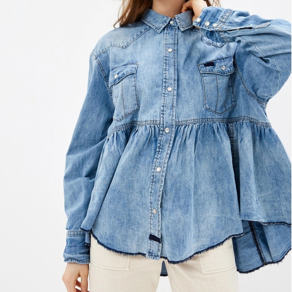 We The Free People Dylan Babydoll Womens‎ XS Blue Denim Western Peplum Hem Shirt